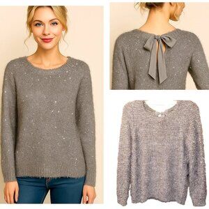 J. Lo Soft Sparkle Winter Fuzzy Eyelash Sweater Satin Bow Victorian Style XL